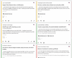 Several Headlines and snippets from New Mexican newspapers in May of 2025 showing concerns of tariffs affecting their day to day lives.